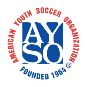Logo of American Youth Soccer Organization (AYSO) with red and blue text on a white background.