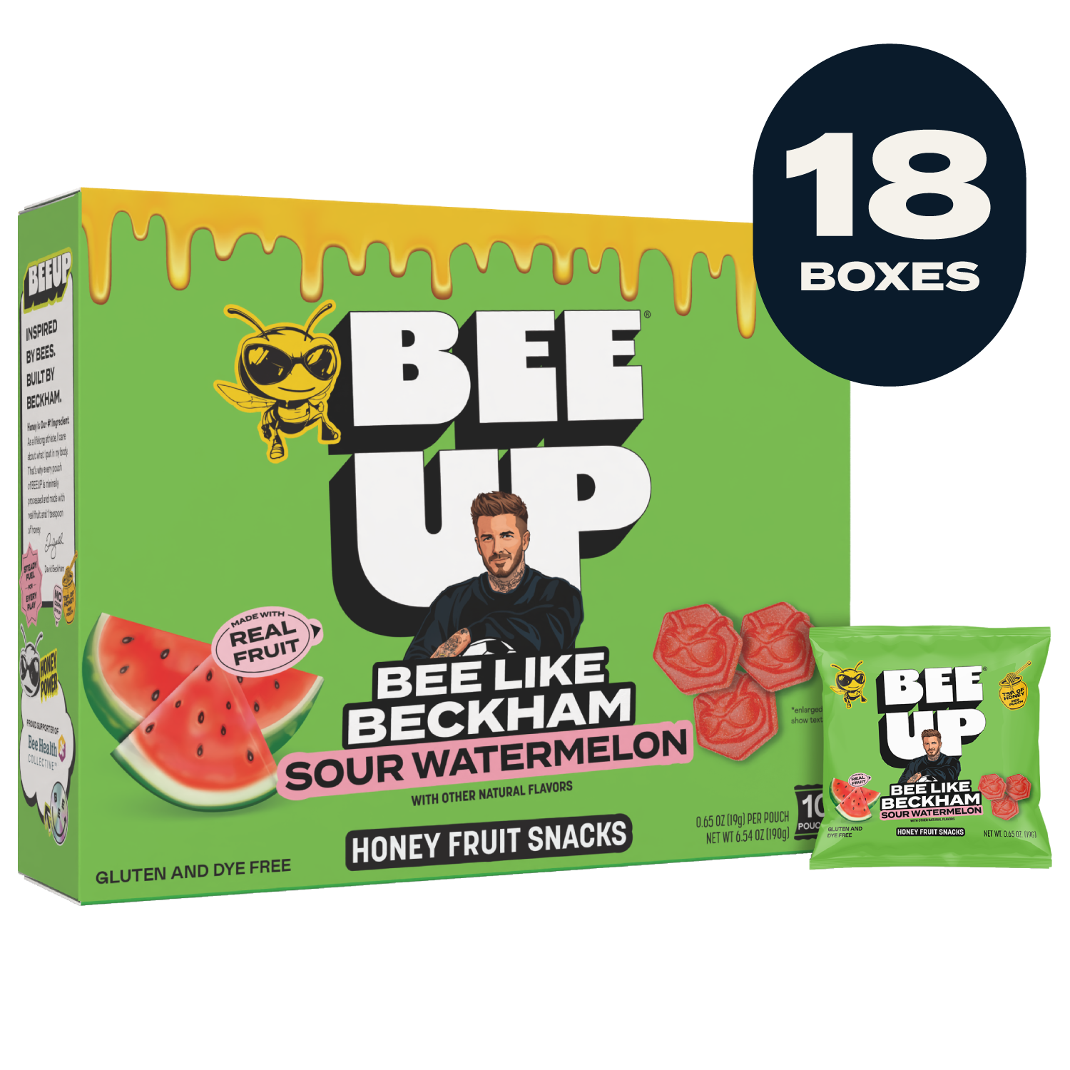 Box of BEEUP Sour Watermelon fruit snacks with a yellow honey drip with grass green with a pouch of the same flavor displayed on the right. This package contains 18 boxes.