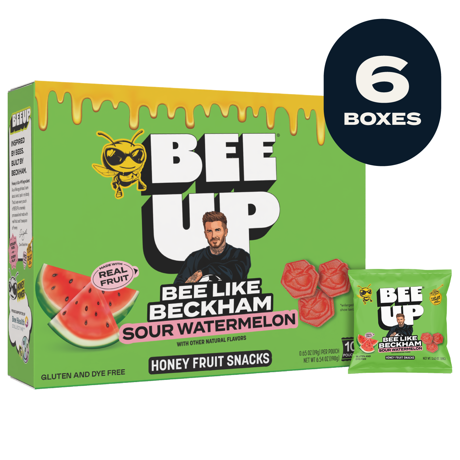 Box of BEEUP Sour Watermelon fruit snacks with a yellow honey drip with grass green with a pouch of the same flavor displayed on the right. This package contains 6 boxes.