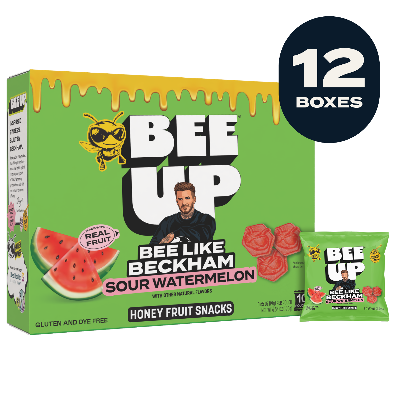 Box of BEEUP Sour Watermelon fruit snacks with a yellow honey drip with grass green with a pouch of the same flavor displayed on the right. This package contains 12 boxes.