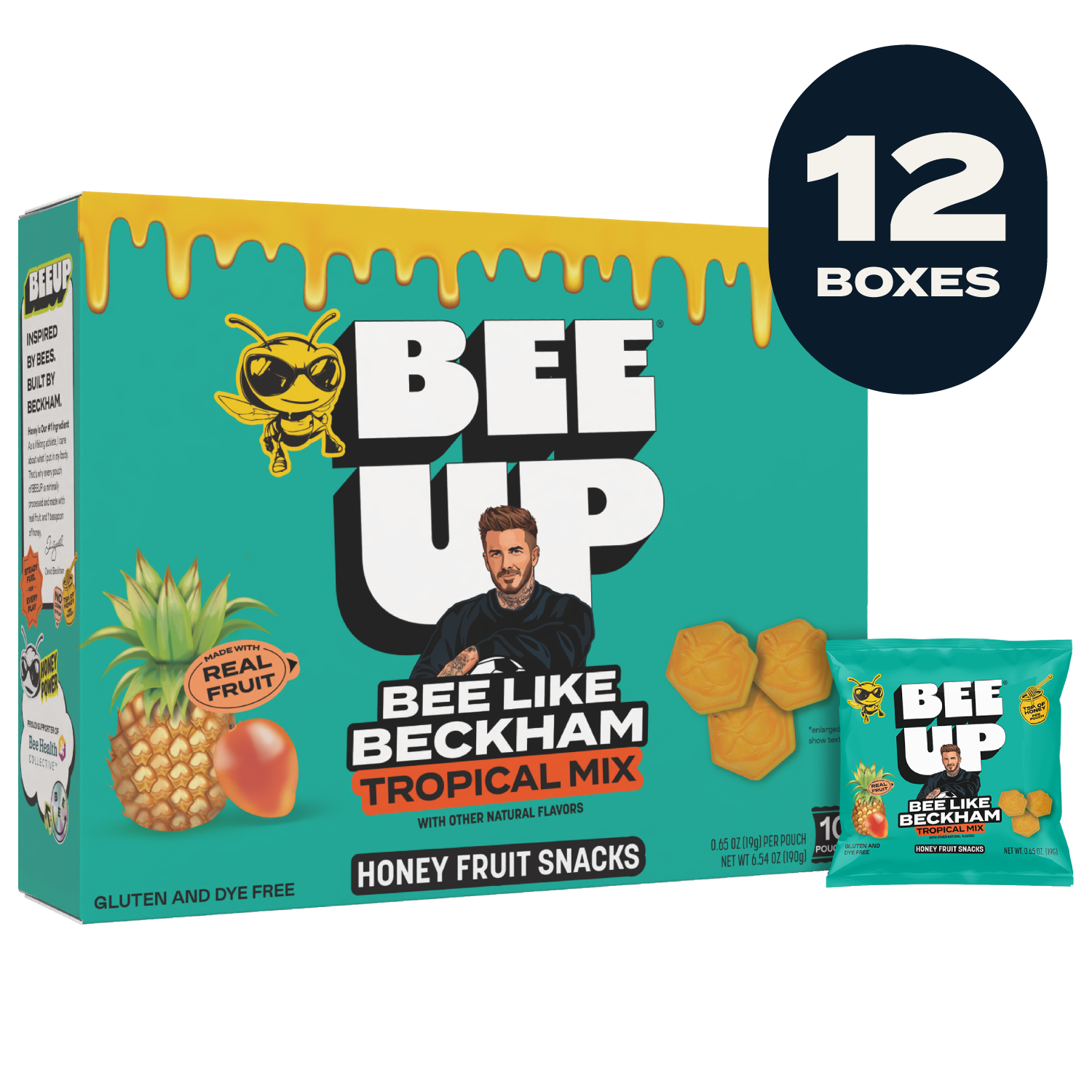 Box of BEEUP tropical mix fruit snacks with a yellow honey drip with teal coloring with a pouch of the same flavor displayed on the right. This package contains 12 boxes.