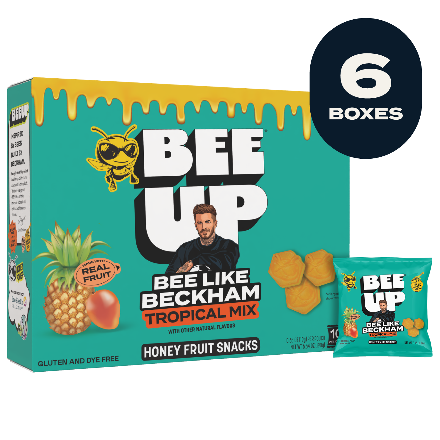 Box of BEEUP Tropical Mix fruit snacks with a yellow honey drip with teal coloring with a pouch of the same flavor displayed on the right. This package contains 6 boxes.