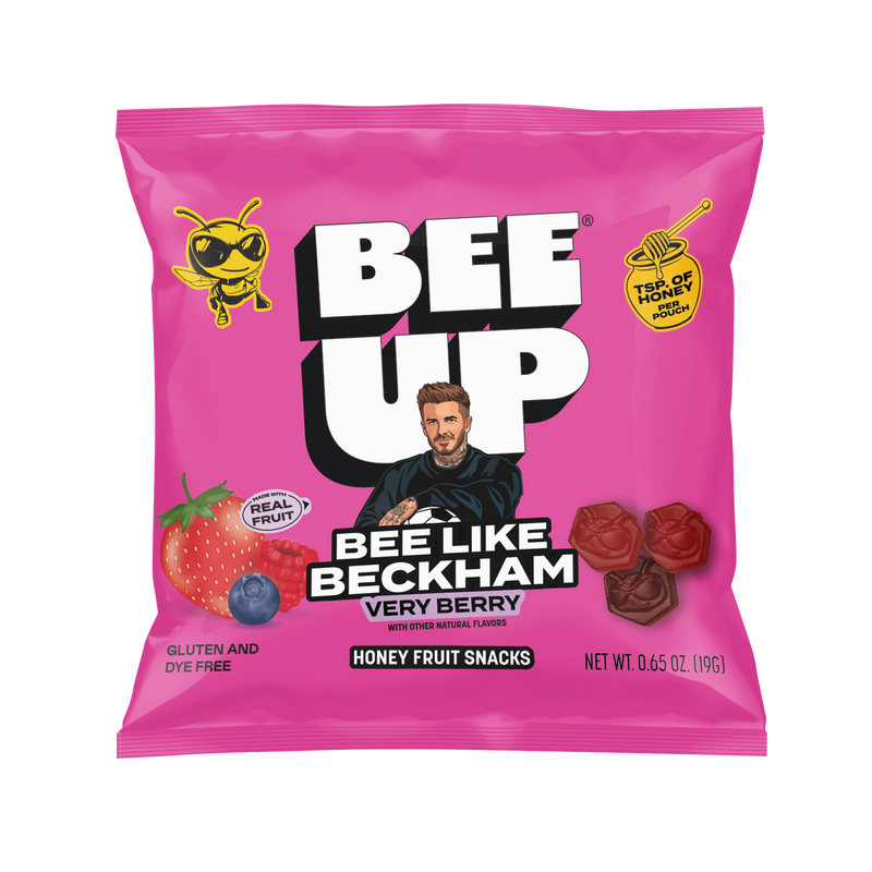 Packaging of BEEUP Very Berry with with hot pink packaging with assorted fruits and gummies on the packaging 