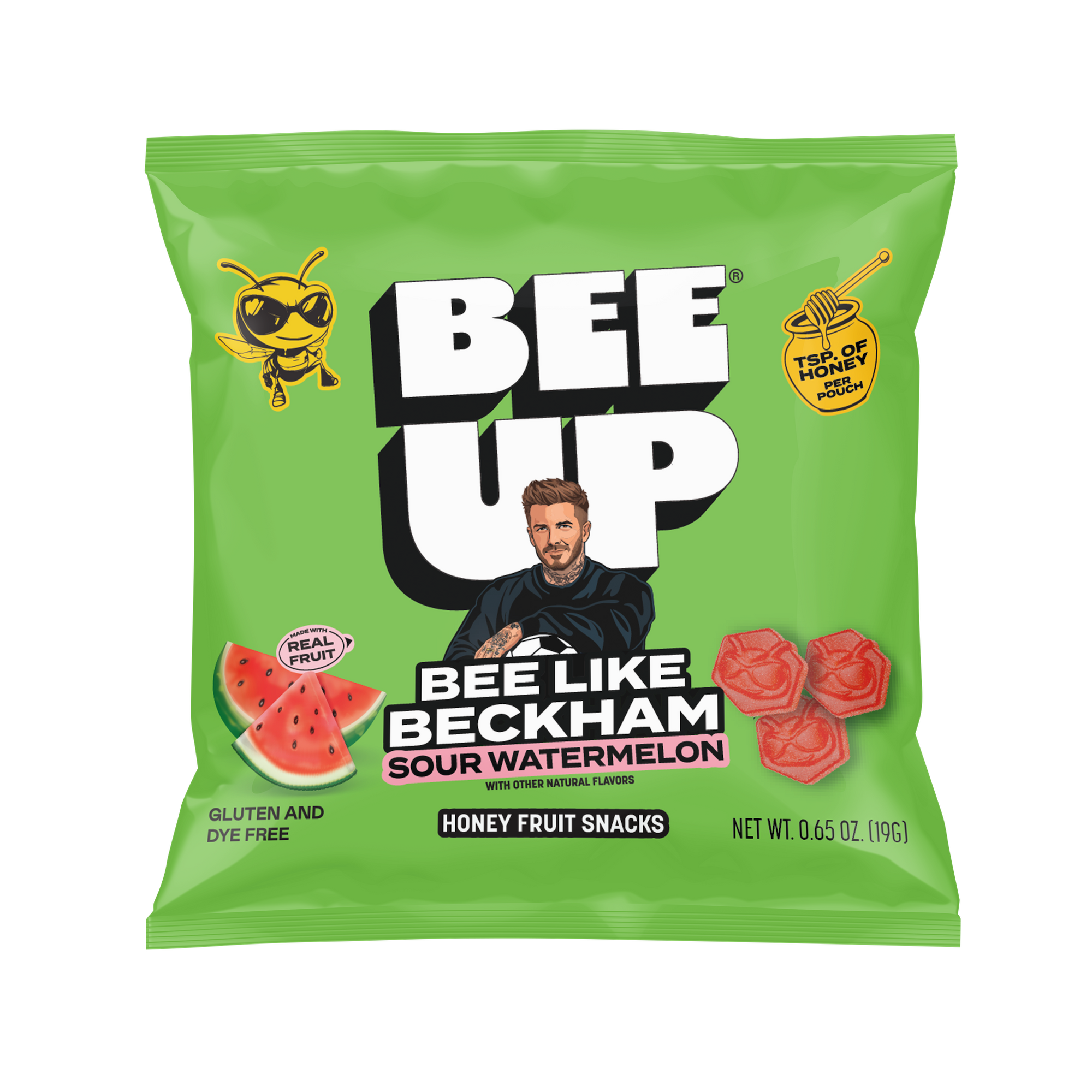 Packaging of BEEUP Sour Watermeon with with grass green packaging with assorted fruits and gummies on the packaging 