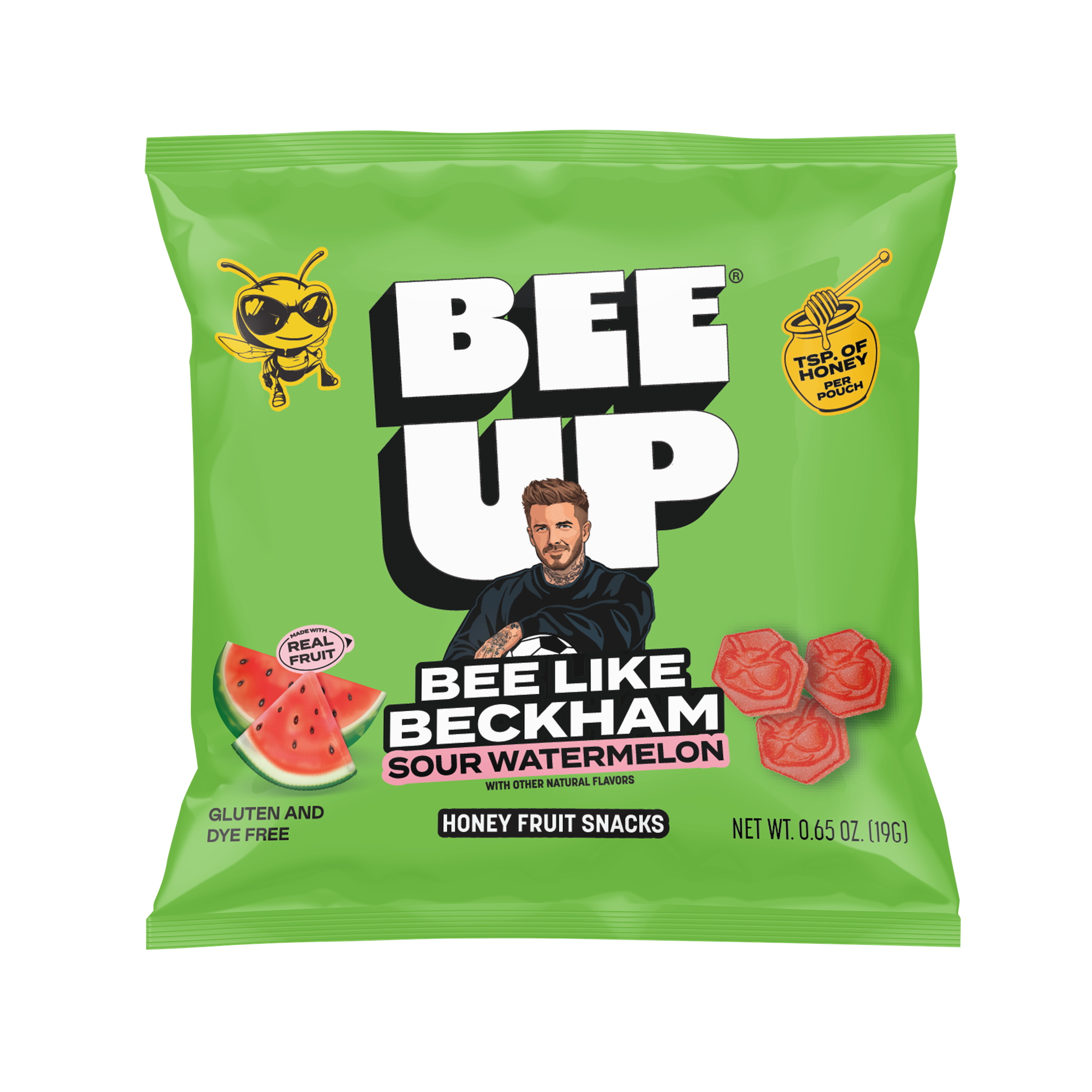 Packaging of BEEUP Sour Watermeon with with grass green packaging with assorted fruits and gummies on the packaging 