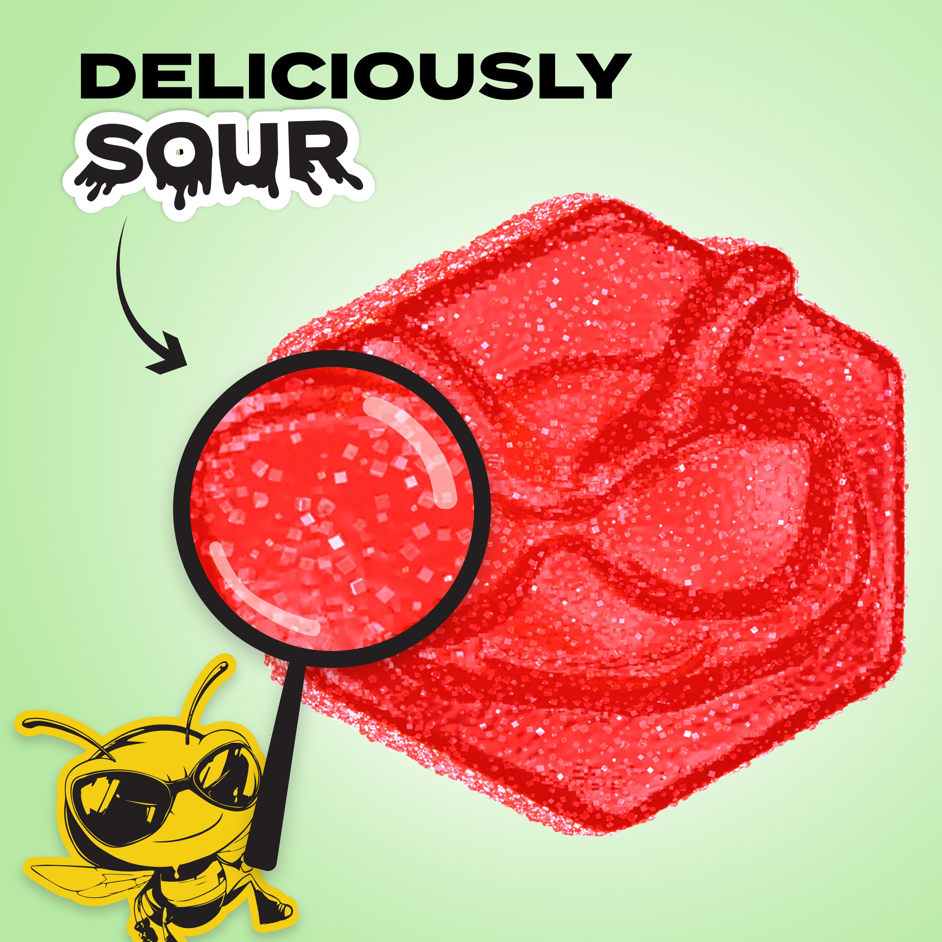 Red sour gummy candy with sugar coating on light green background. Becks the bee mascot holds magnifying glass showing close-up of sugar crystals. Text reads 'Deliciously Sour