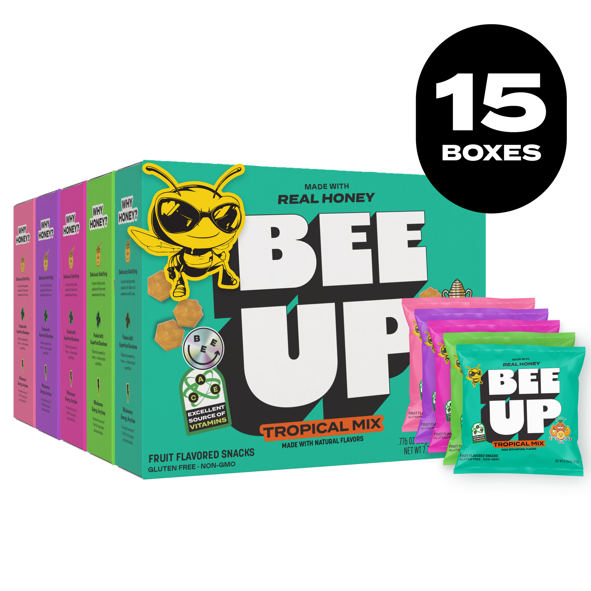 Black label with the text "15 BOXES" over a the five boxes of BEEUP honey fruit snacks along side their respective pouches. They list from left to right, a pink box of " Pink Lemonade", a purple box of "Sour Berry", a magenta box of "Very Berry", a green box of "Sour Watermelon", and a teal box of "Tropical Mix".