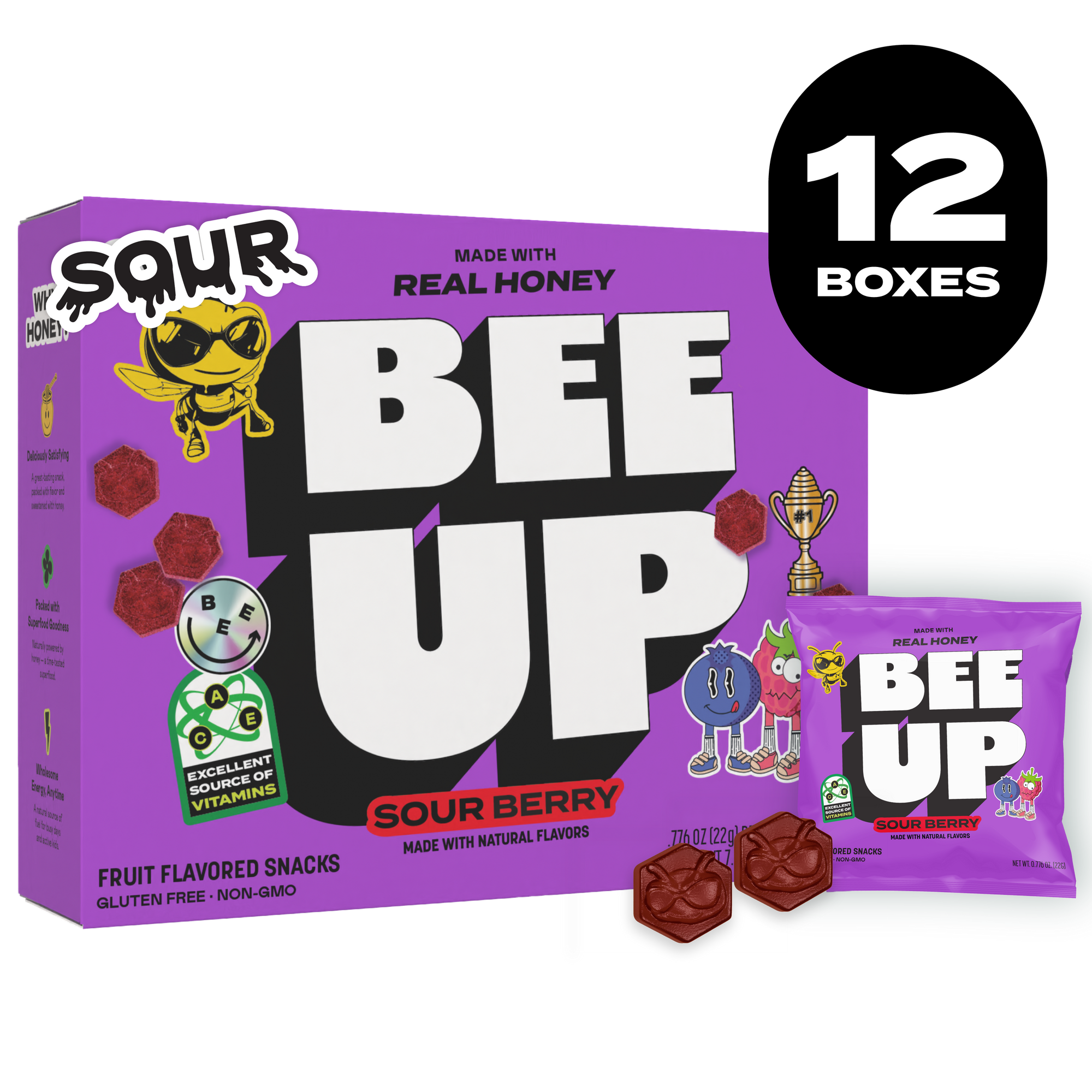 Black label with the text "12 BOXES". A purple box of "Sour Berry" BEEUP honey fruit snacks alongside its respective pouch and two purple gummies with BECKS the bee's face molded onto them.