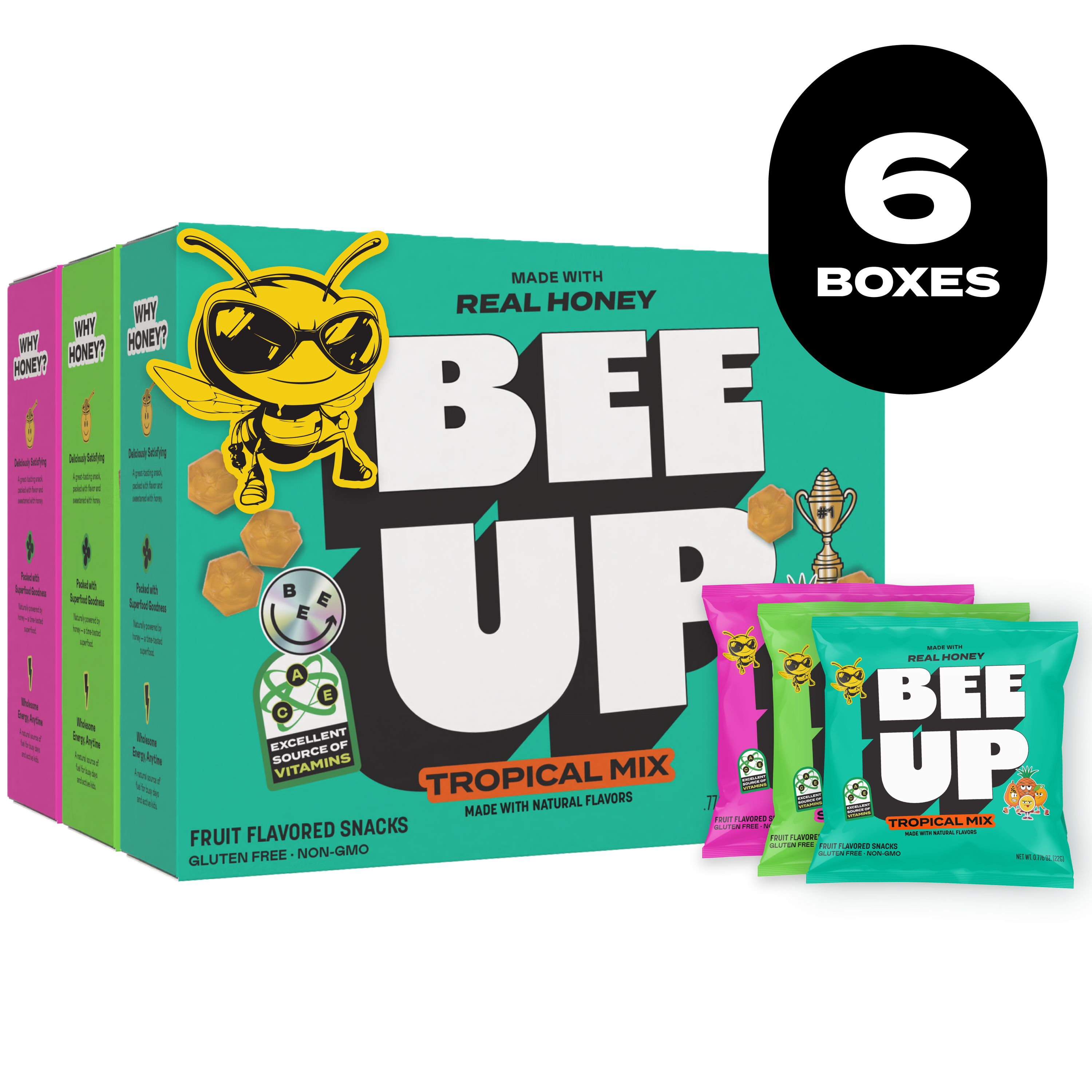 Black label with the text "6 BOXES". A variety of BEEUP honey fruit snack boxes, consisting of 3 flavors, along side their respective pouches. These flavors include Tropical Mix, Sour Watermelon, and Very Berry.