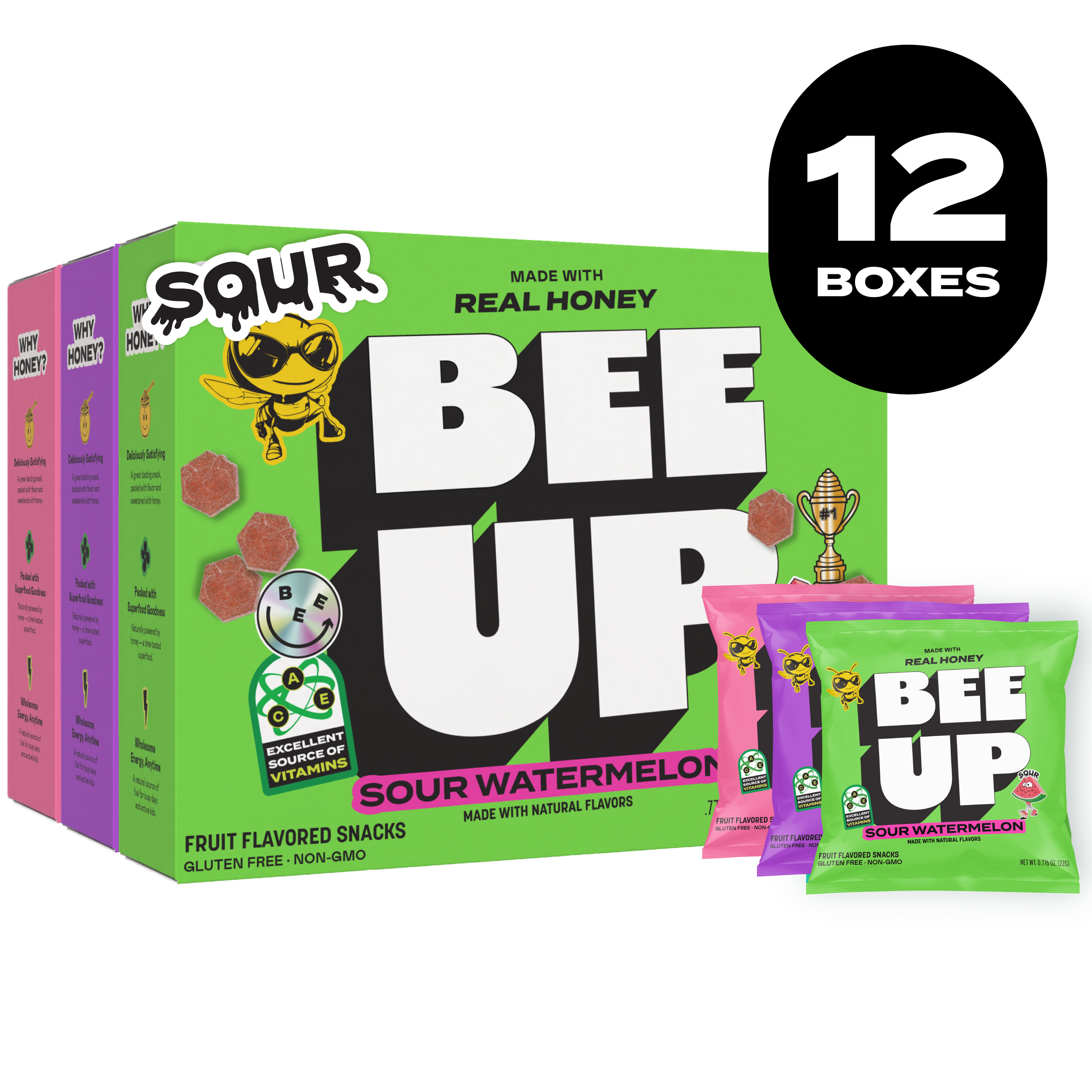 Black label with the text "12 BOXES" over a three boxes of BEEUP honey fruit snacks along side their respective pouches. They list from left to right, a pink box of " Pink Lemonade", a purple box of "Sour Berry", and a green box of "Sour Watermelon".