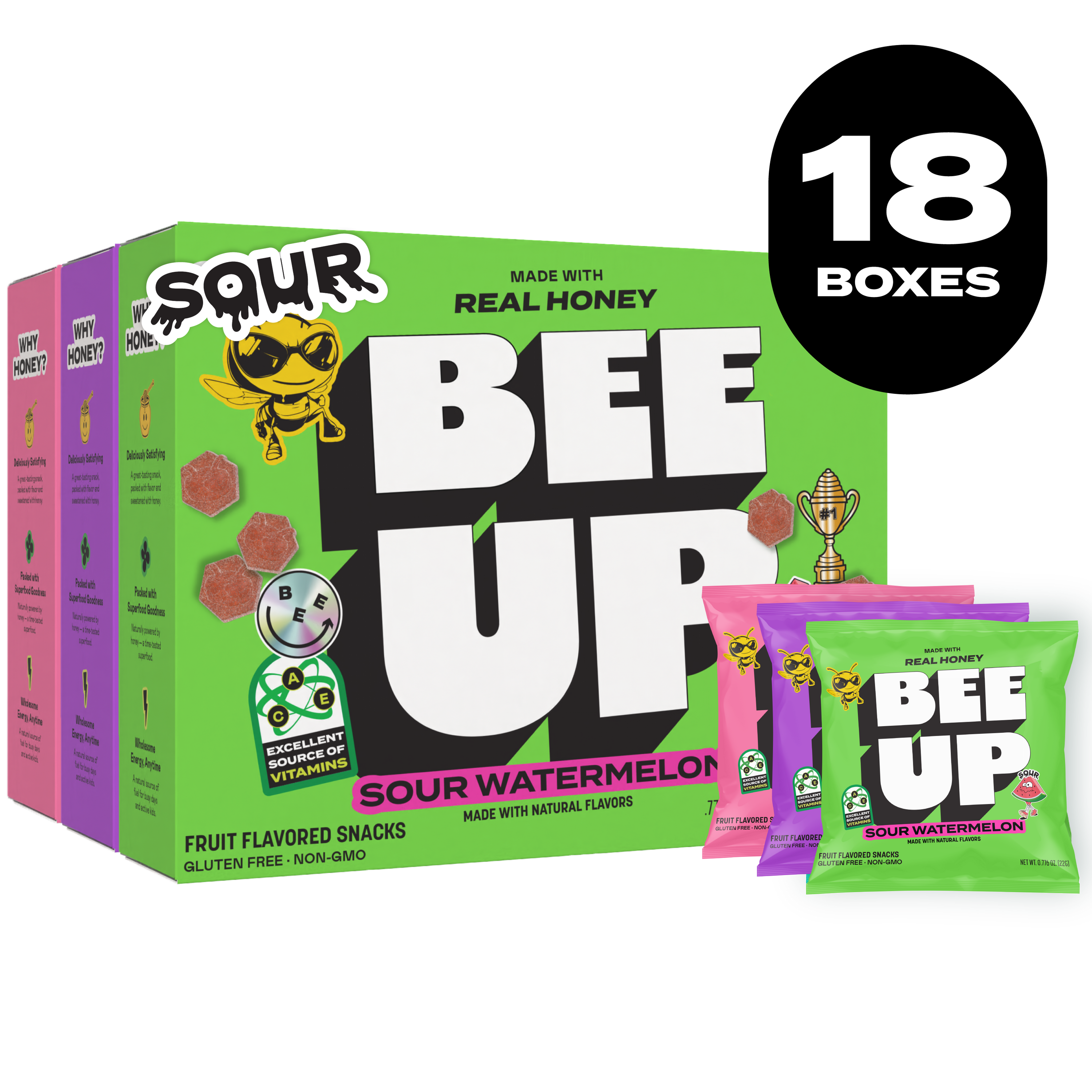 Black label with the text "18 BOXES" over a three boxes of BEEUP honey fruit snacks along side their respective pouches. They list from left to right, a pink box of " Pink Lemonade", a purple box of "Sour Berry", and a green box of "Sour Watermelon".