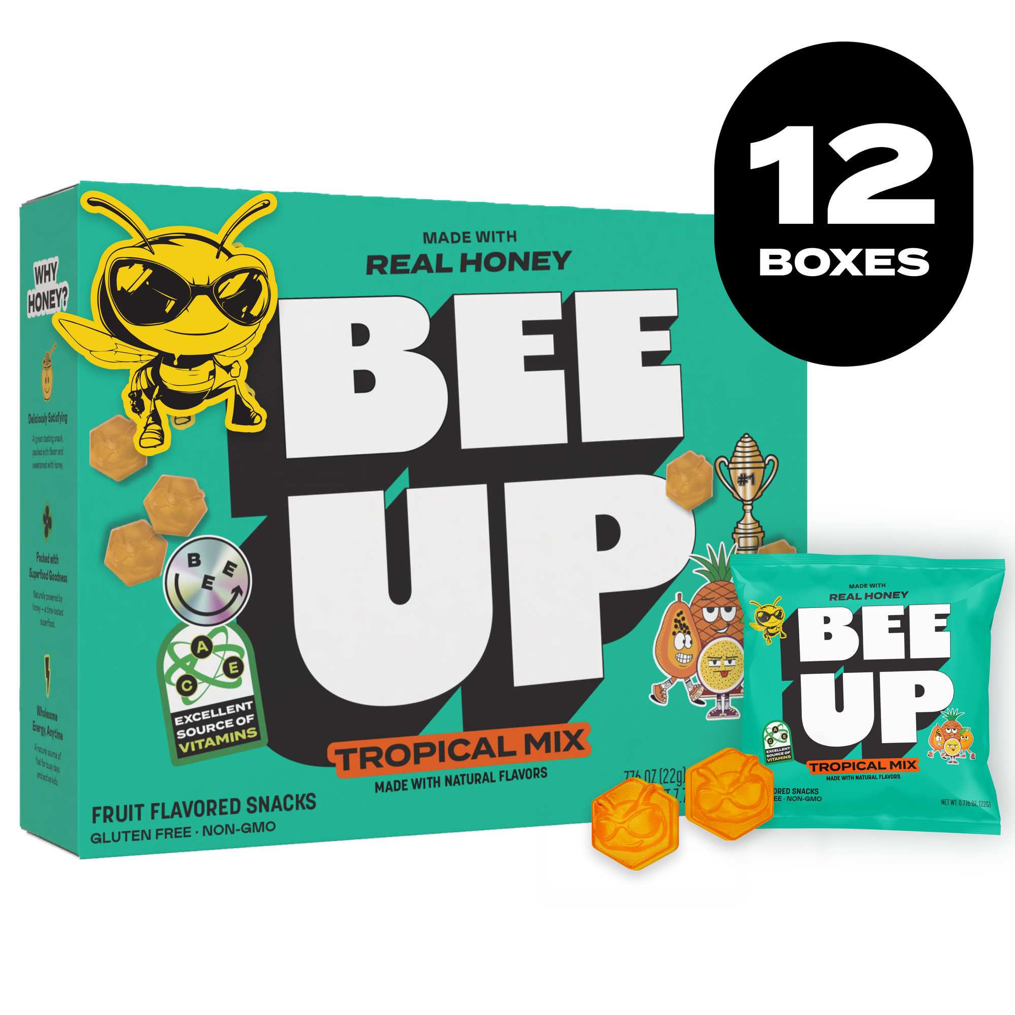 Black label with the text "12 BOXES". A teal box of "Tropical Mix" BEEUP honey fruit snacks alongside its respective pouch and two honey colored gummies with BECKS the bee's face molded onto them.