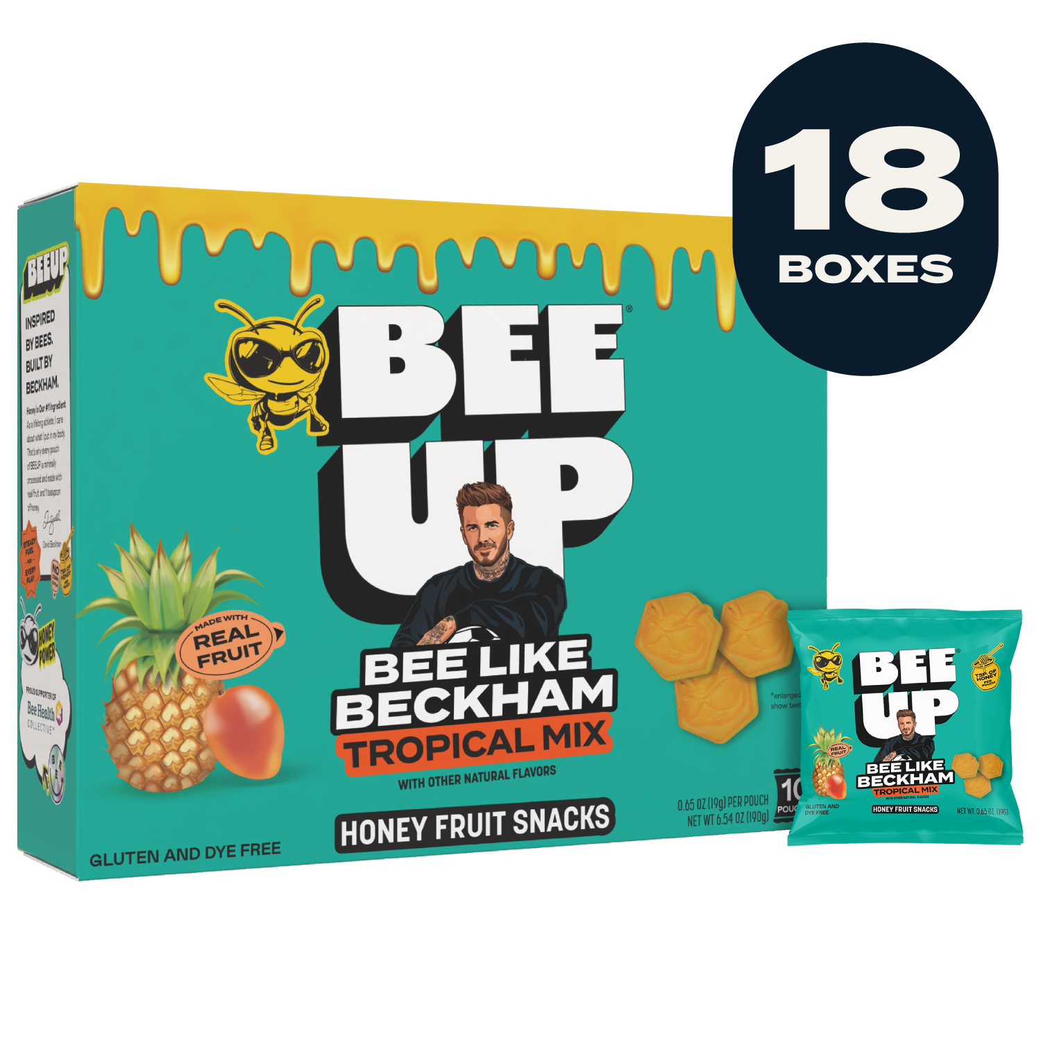 Box of BEEUP Tropical mix fruit snacks with a yellow honey drip with teal coloring with a pouch of the same flavor displayed on the right. This package contains 18 boxes.