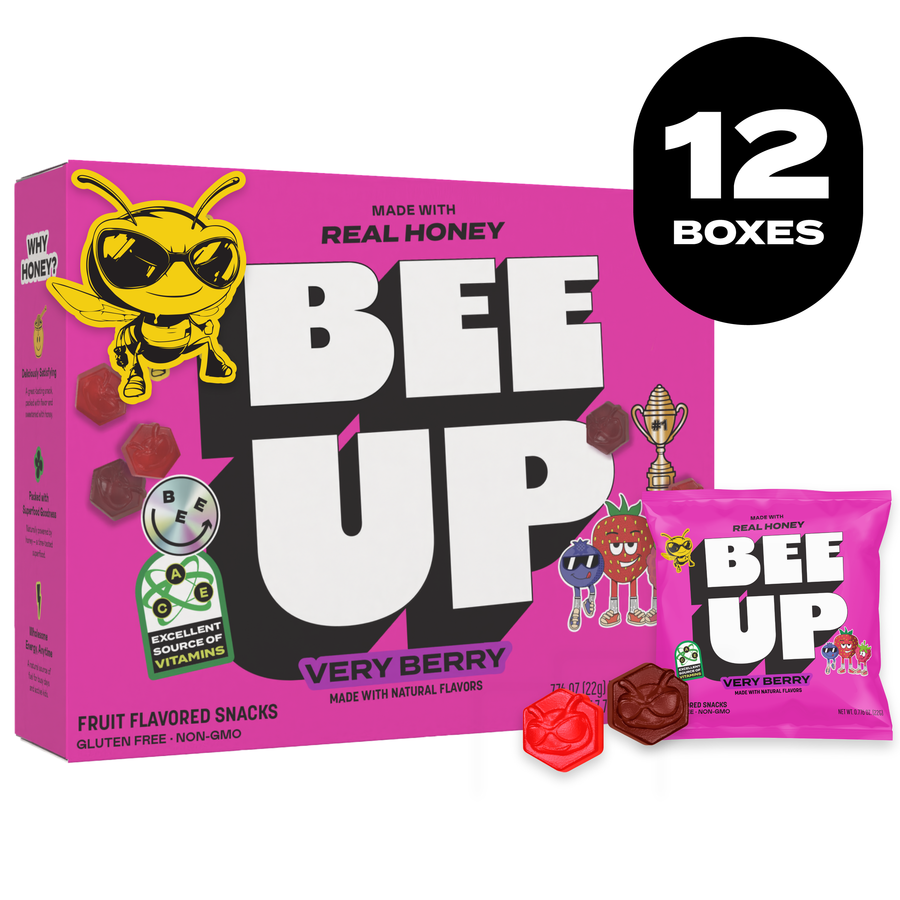 Black label with the text "12 BOXES". A pink box of "Pink Lemonade" BEEUP honey fruit snacks alongside its respective pouch and two red gummies with BECKS the bee's face molded onto them.
