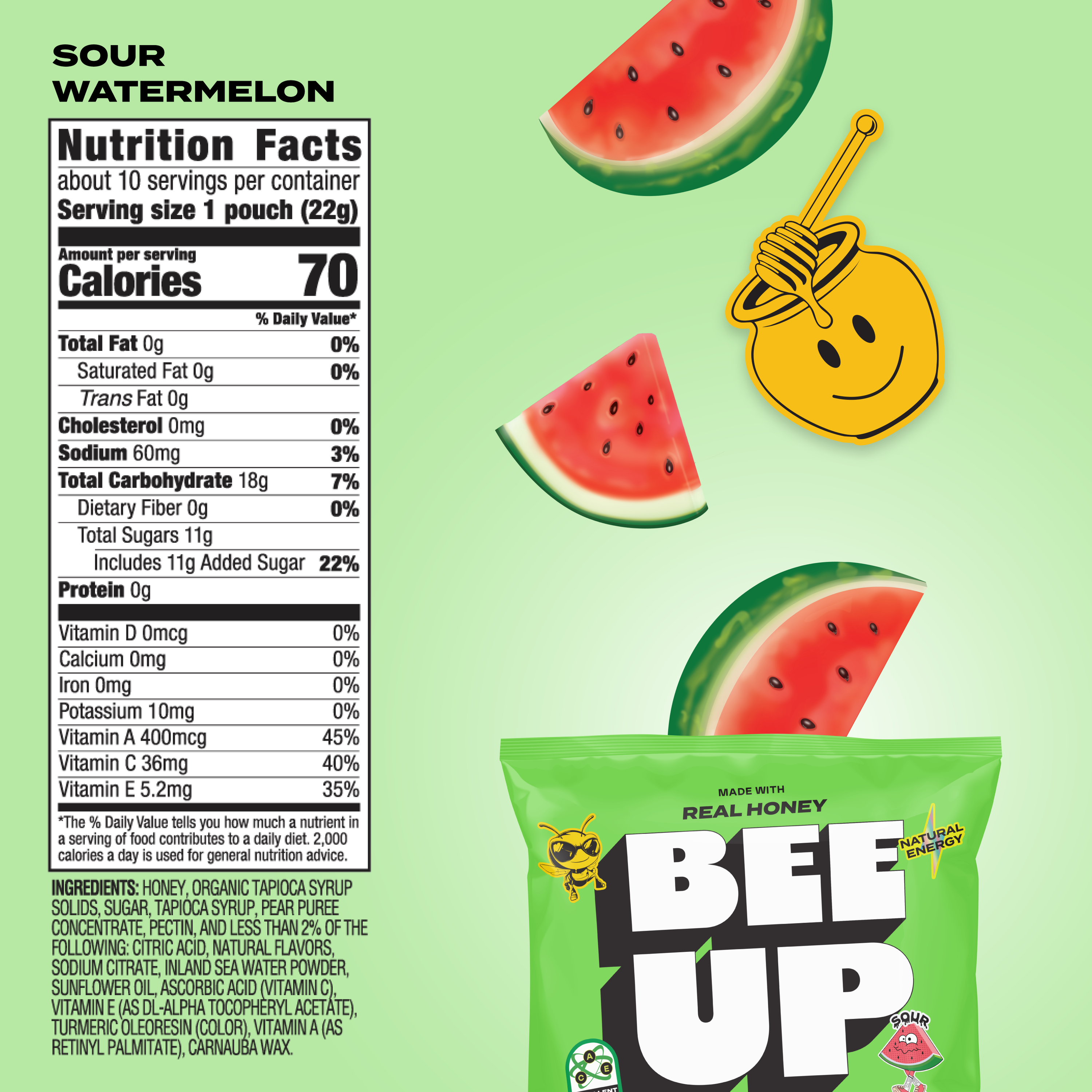 Bee Up Sour Watermelon snack package with nutrition facts label on a light green background
