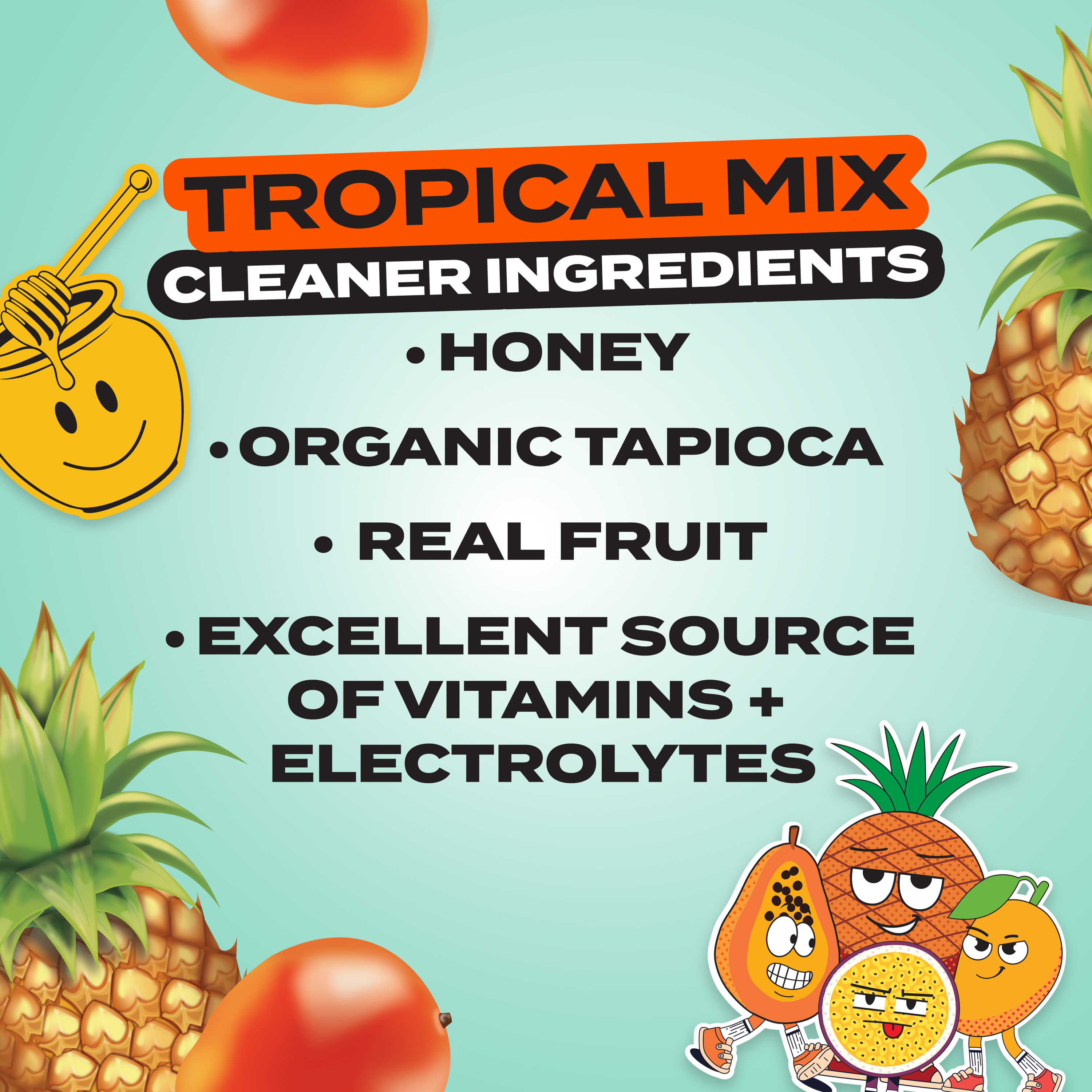 Advertisement for tropical mix cleaner ingredients with fruits and honey on a light blue background.