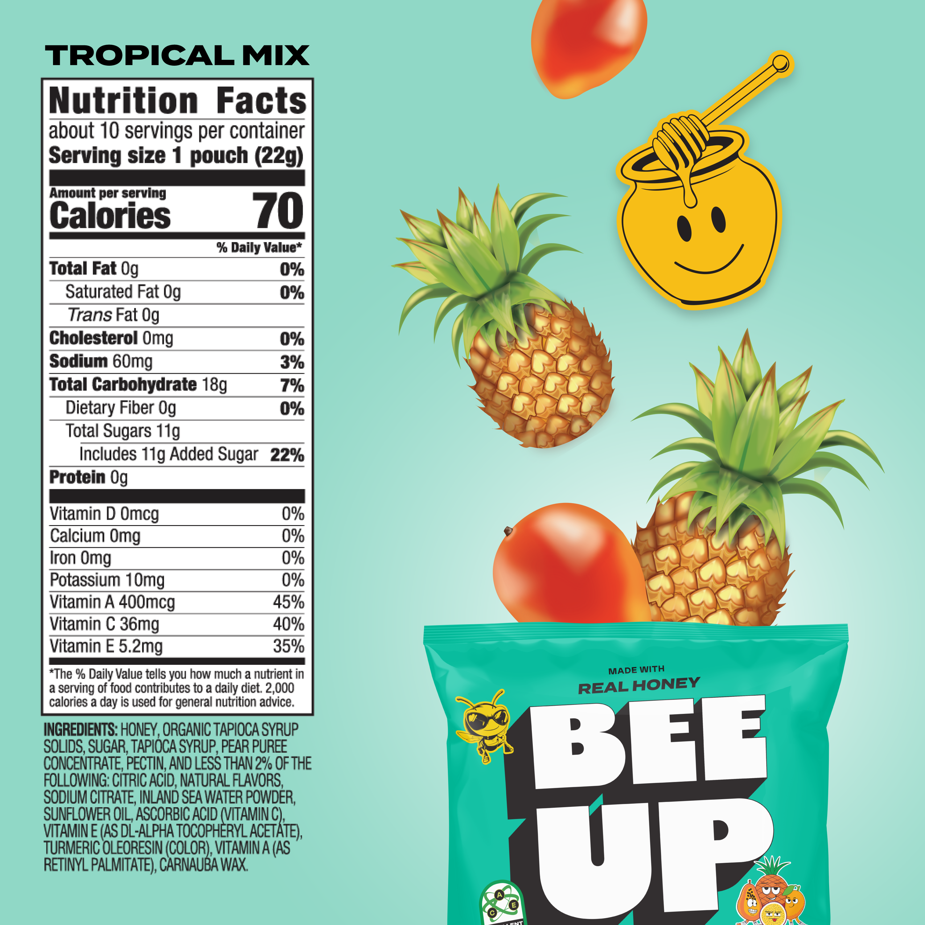 Tropical mix snack package with nutrition facts label, fruits, and 'Bee Up' branding on a light blue background.