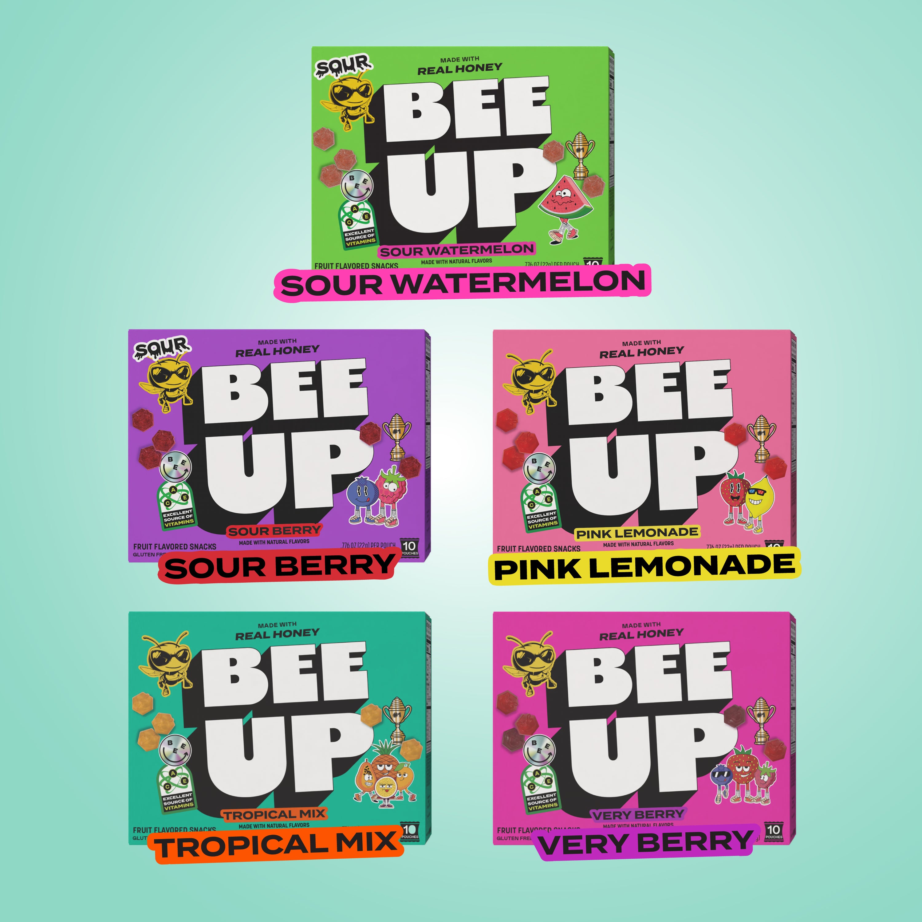 Five boxes of BEEUP honey fruit snacks on a teal background. They list from top to bottom, a green box of "Sour Watermelon", a purple box of "Sour Berry" a pink box of " Pink Lemonade", a teal box of "Tropical Mix", and a magenta box of "Very Berry".