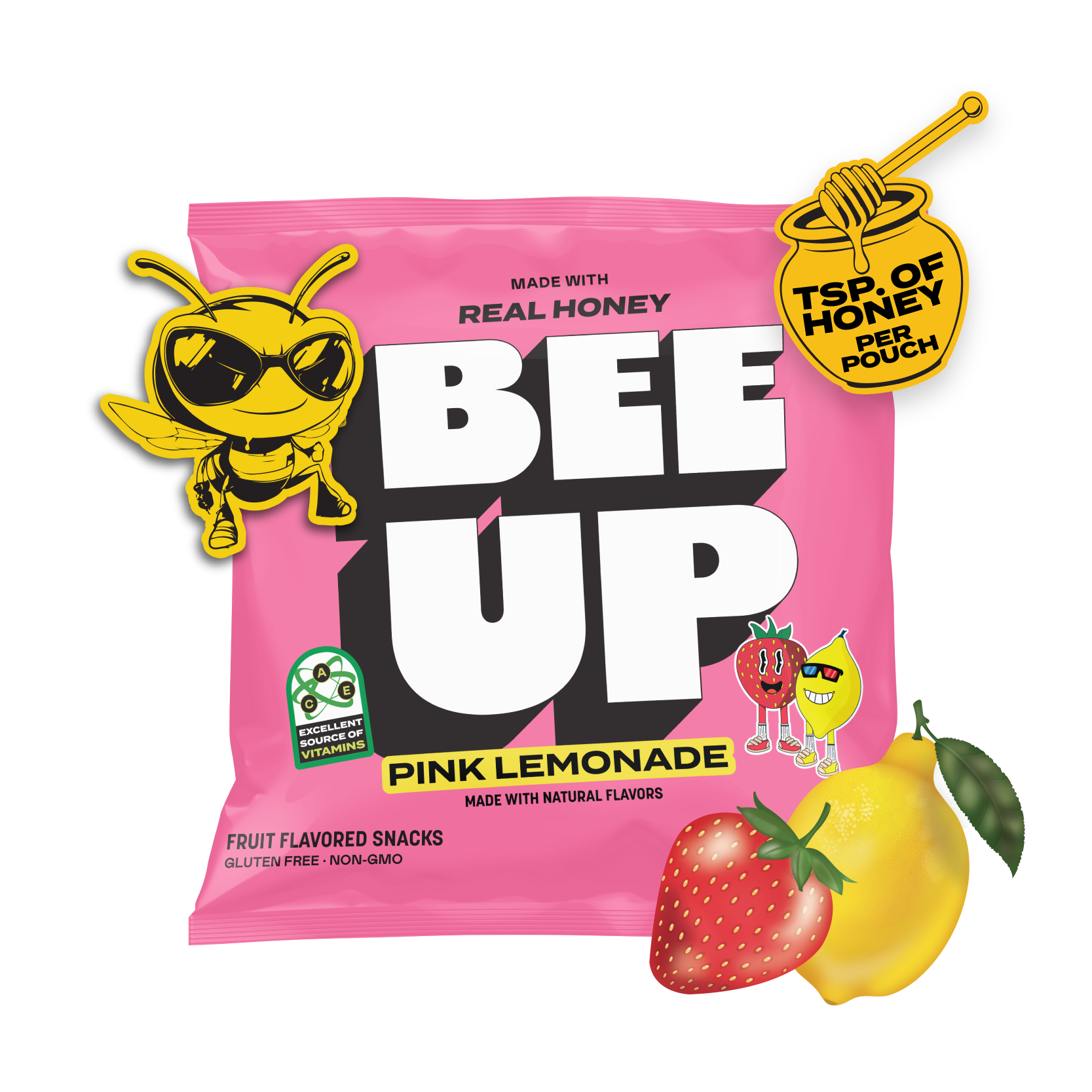 A pink pouch of "Pink Lemonade" BEEUP honey fruit snacks surrounded by strawberries, lemons, and a honey jar & dipper sticker