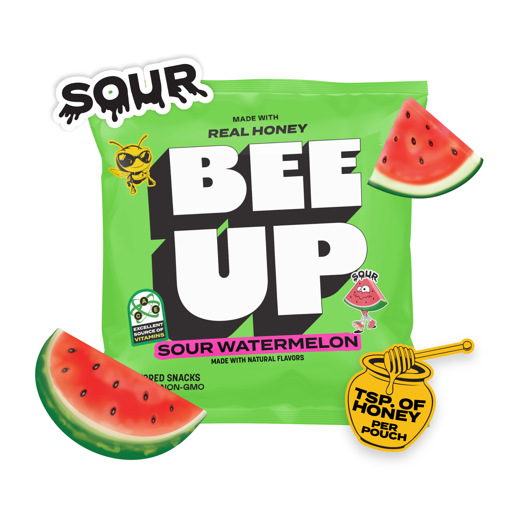 A green pouch of "Sour Watermelon" BEEUP honey fruit snacks surrounded by slices of watermelon, and a honey jar & dipper sticker