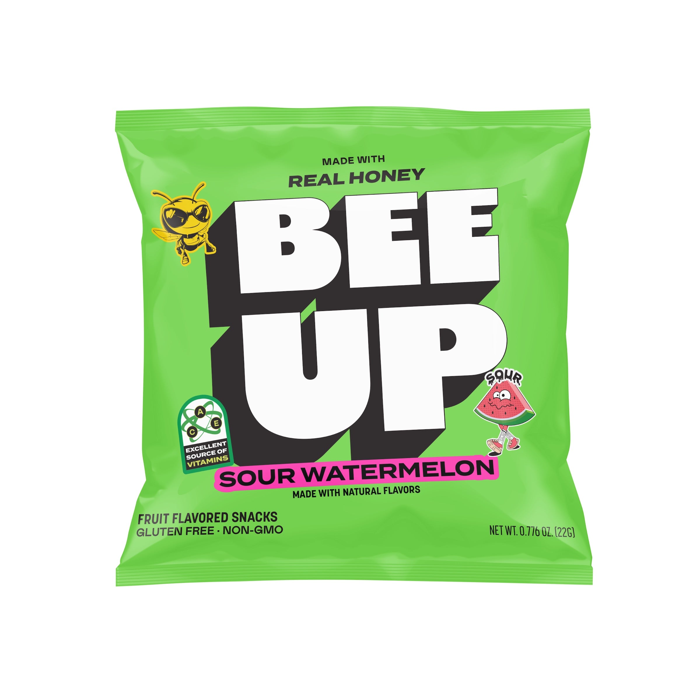 A green pouch of "Sour Watermelon" BEEUP honey fruit snacks.

Pouch reads:
MADE WITH REAL HONEY
BEE UP
SOUR WATERMELON
MADE WITH NATURAL FLAVORS
FRUIT FLAVORED SNACKS
GLUTEN FREE · NON-GMO
NET WT. 0.77b OZ. (22G)
[Green badge on left side]: EXCELLENT SOURCE OF VITAMINS
[Design elements: BECKS the Bee on upper left, cartoon sour watermelon character on lower right]