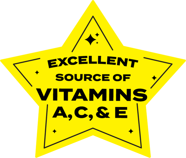 A yellow, star-shaped sicker that says "EXCELLENT SOURCE OF VITAMINS A, C, & E" in black text