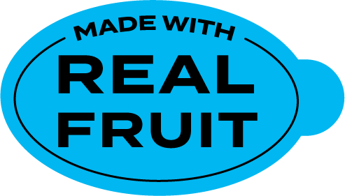 A blue oval sticker that says "MADE WITH REAL FRUIT" in black text
