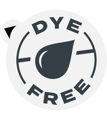 A black and white sticker that says "DYE FREE" that has a cross going through a droplet of dye