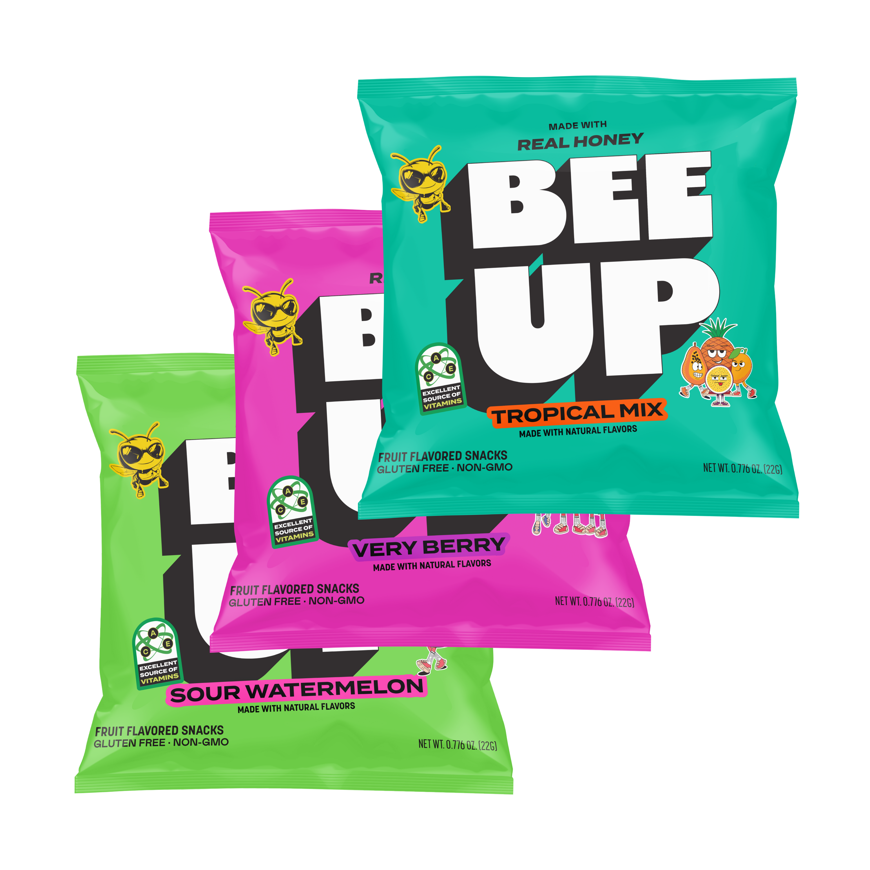 3 pouches of BEEUP honey fruit snacks. They list from top to bottom, a teal pouch of "Tropical Mix", a magenta pouch of "Very Berry", and a green pouch of "Sour Watermelon.