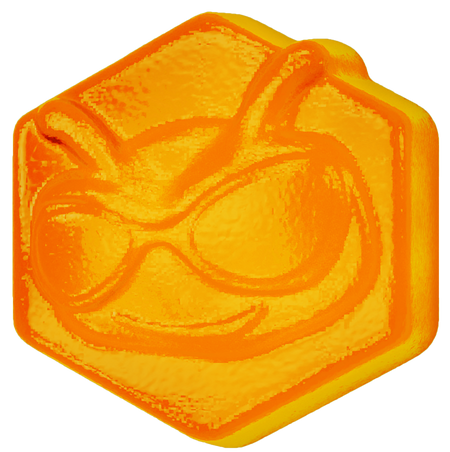 A honey colored gummy with BECKS the bee's face molded onto it