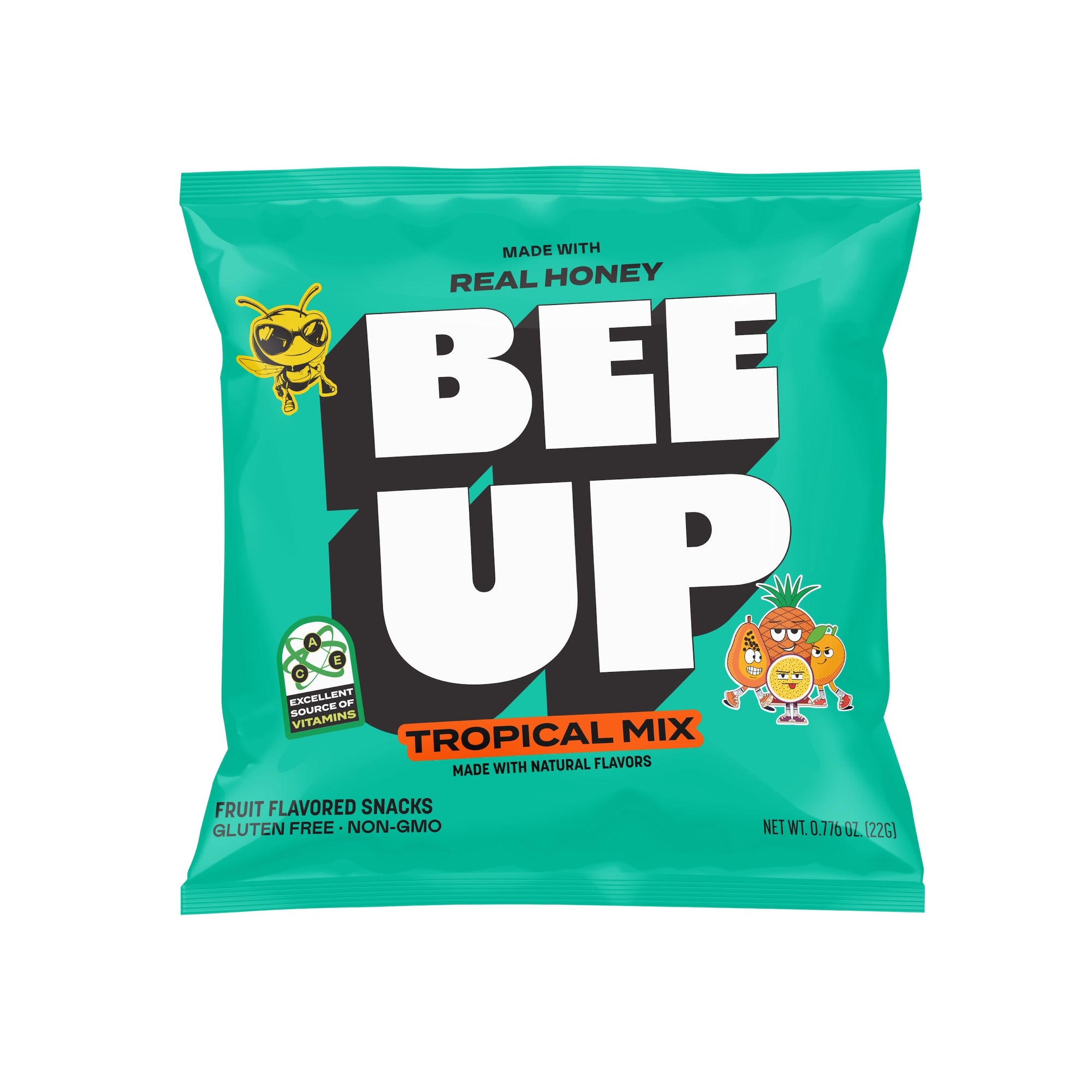 A teal pouch of "Tropical Mix" BEEUP honey fruit snacks.

Pouch reads:
MADE WITH REAL HONEY
BEE UP
Tropical Mix
MADE WITH NATURAL FLAVORS
FRUIT FLAVORED SNACKS
GLUTEN FREE · NON-GMO
NET WT. 0.77b OZ. (22G)
[Green badge on left side]: EXCELLENT SOURCE OF VITAMINS
[Design elements: BECKS the Bee on upper left, cartoon papaya, pineapple, mango, passionfruit characters on lower right]